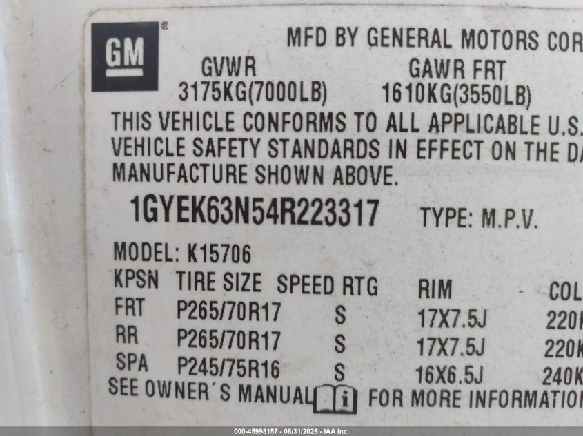 CADILLAC ESCALADE 2004 VIN 1GYEK63N54R223317