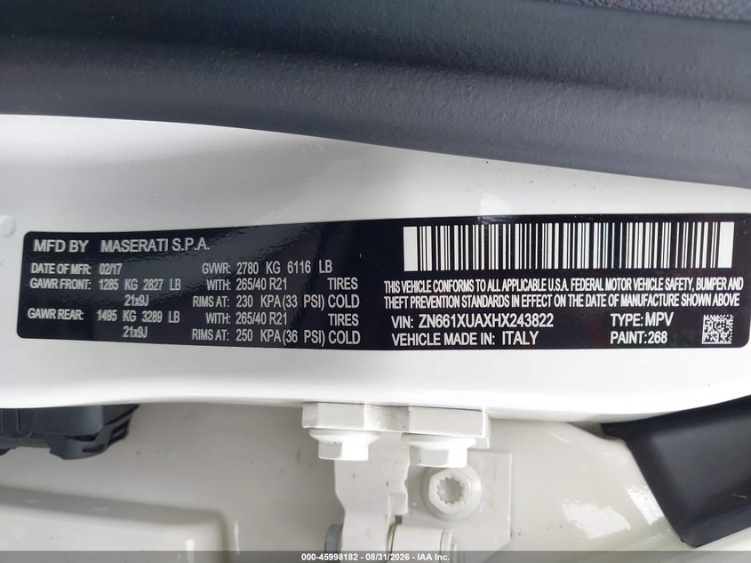 MASERATI LEVANTE 2017 VIN ZN661XUAXHX243822