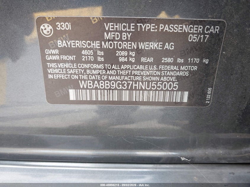 BMW 330I 2017 VIN WBA8B9G37HNU55005