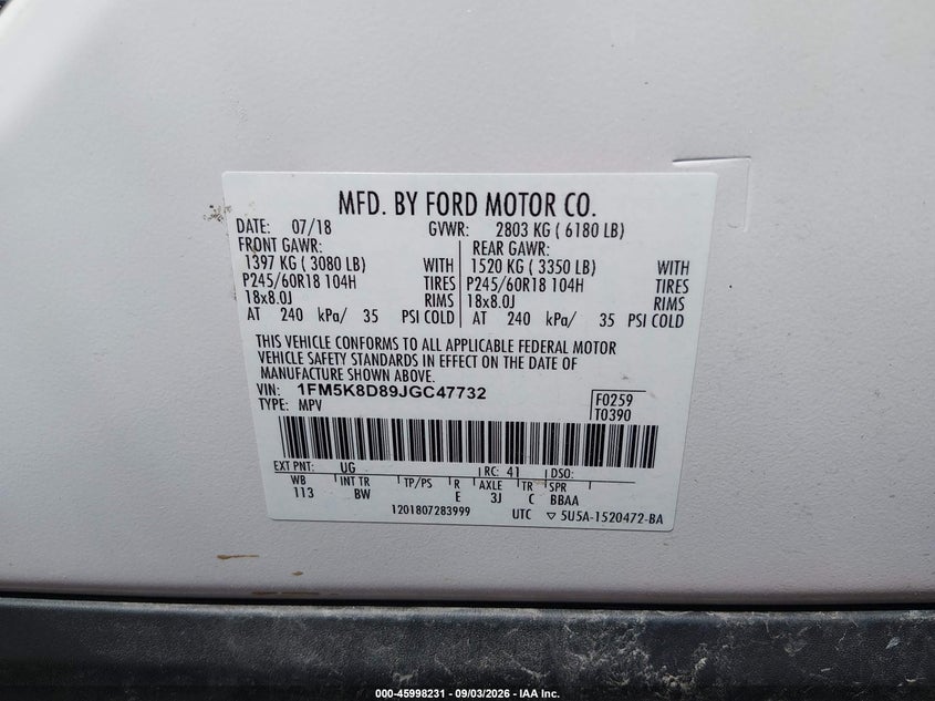 2018 FORD EXPLORER SPORT UTILITY VEHICLE 3.5L V-6 DOHC, VVT, REGULAR , 290HP