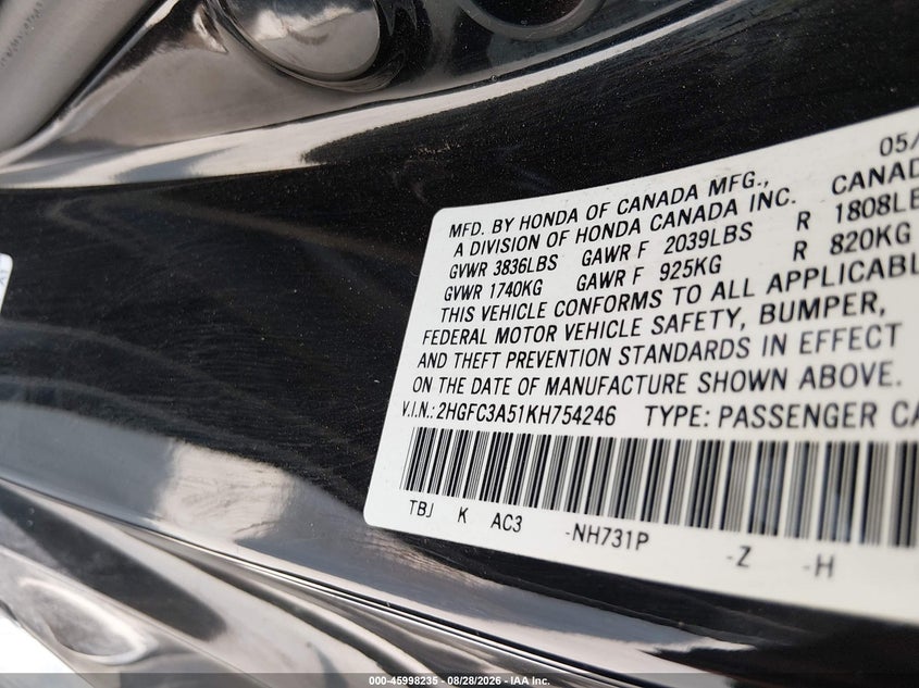 HONDA CIVIC SI 2019 VIN 2HGFC3A51KH754246