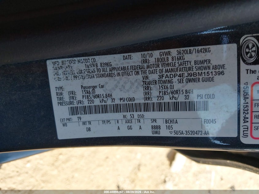 FORD FIESTA 2011 VIN 3FADP4EJ9BM151396