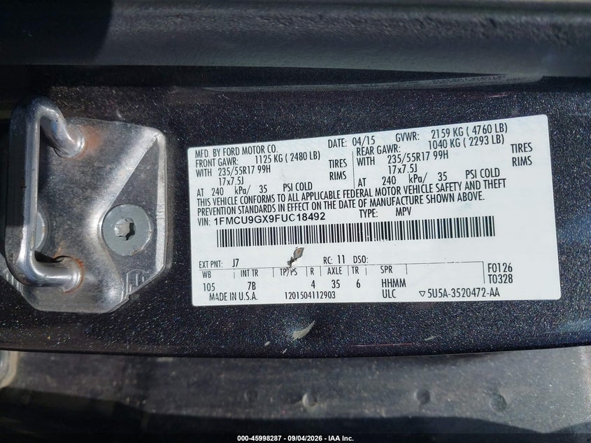 2015 FORD ESCAPE SPORT UTILITY VEHICLE 1.6L I-4 DI, DOHC, VVT, TURBO, REGULAR , 173HP