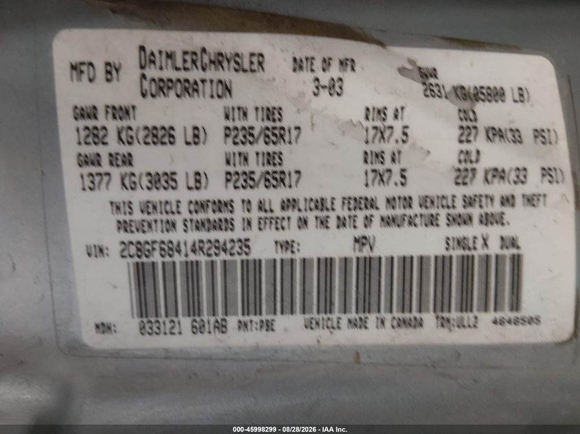CHRYSLER PACIFICA 2004 VIN 2C8GF68414R294235