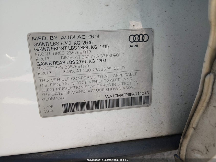 AUDI Q5 2015 VIN WA1CMAFP6FA014218