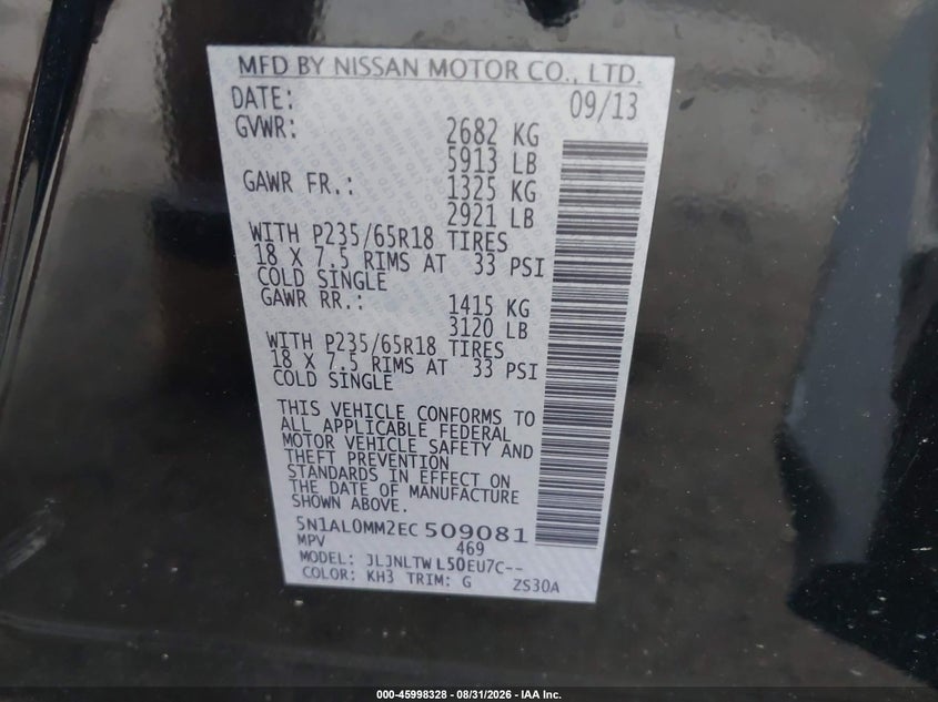 INFINITI QX60 2014 VIN 5N1AL0MM2EC509081