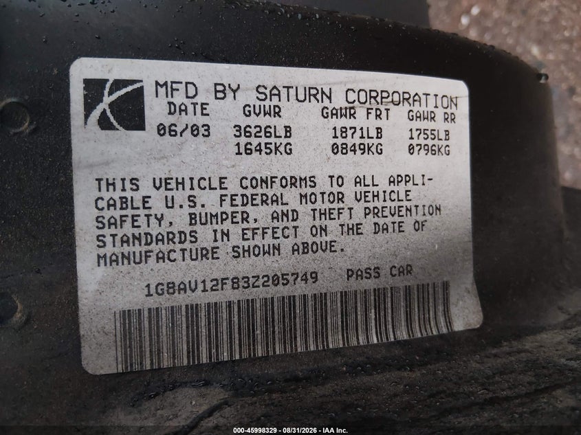 SATURN ION 2003 VIN 1G8AV12F83Z205749