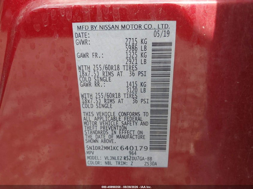 NISSAN PATHFINDER 2019 VIN 5N1DR2MM1KC640179