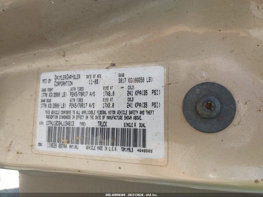DODGE RAM 1500 2004 VIN 1D7HU18D84J154613