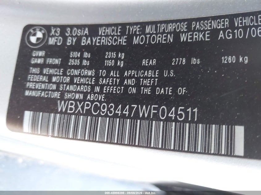 BMW X3 2007 VIN WBXPC93447WF04511