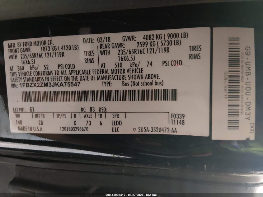 FORD TRANSIT-350 2018 VIN 1FBZX2ZM3JKA75547