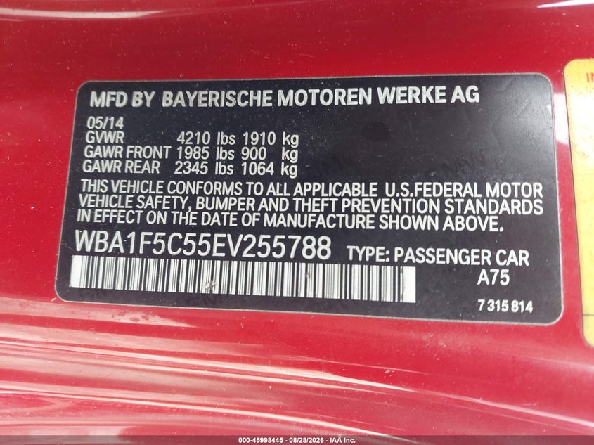 BMW 228I 2014 VIN WBA1F5C55EV255788