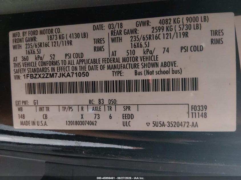 FORD TRANSIT-350 2018 VIN 1FBZX2ZM7JKA71050