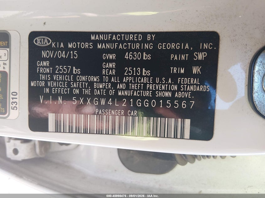 KIA OPTIMA 2016 VIN 5XXGW4L21GG015567