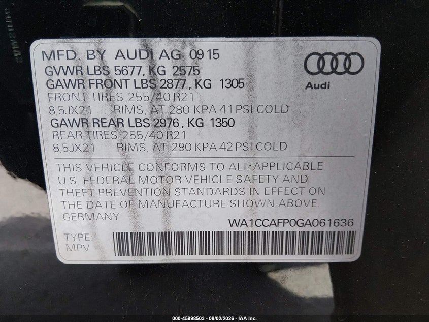 AUDI SQ5 2016 VIN WA1CCAFP0GA061636