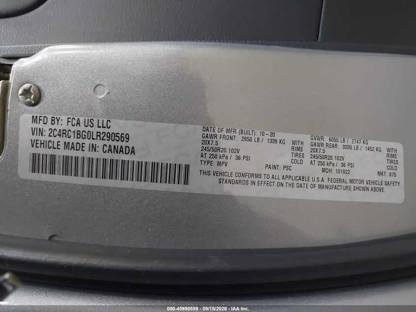 CHRYSLER PACIFICA 2020 VIN 2C4RC1BG0LR290569