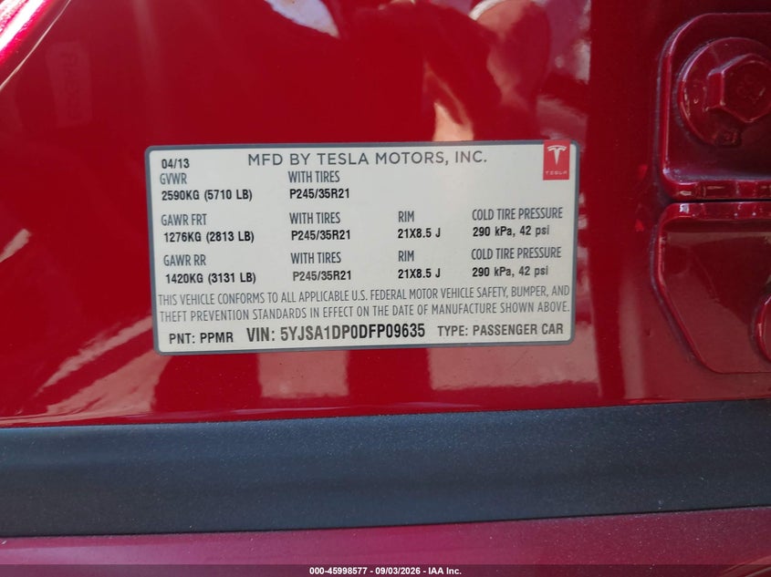 TESLA MODEL S 2013 VIN 5YJSA1DP0DFP09635