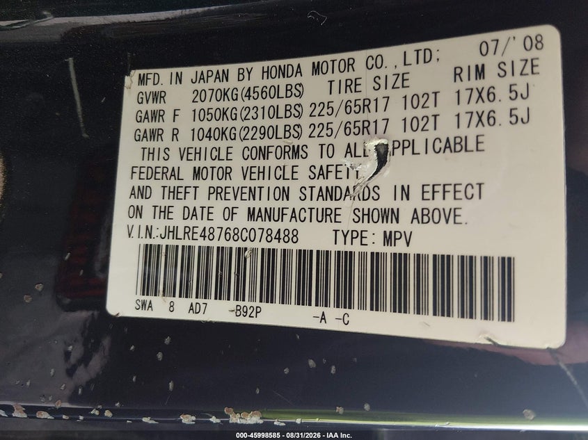 HONDA CR-V 2008 VIN JHLRE48768C078488