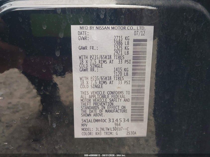 INFINITI JX35 2013 VIN 5N1AL0MM4DC314534