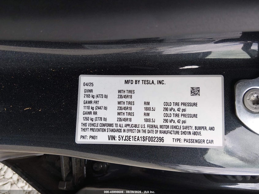 TESLA MODEL 3 2025 VIN 5YJ3E1EA1SF002396