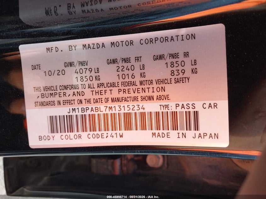 MAZDA MAZDA3 2021 VIN JM1BPABL7M1315234
