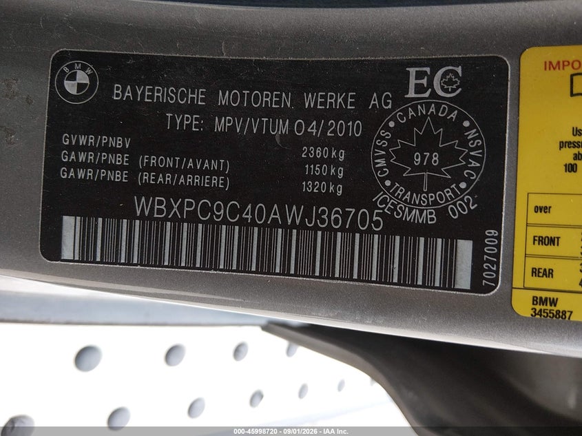 BMW X3 2010 VIN WBXPC9C40AWJ36705
