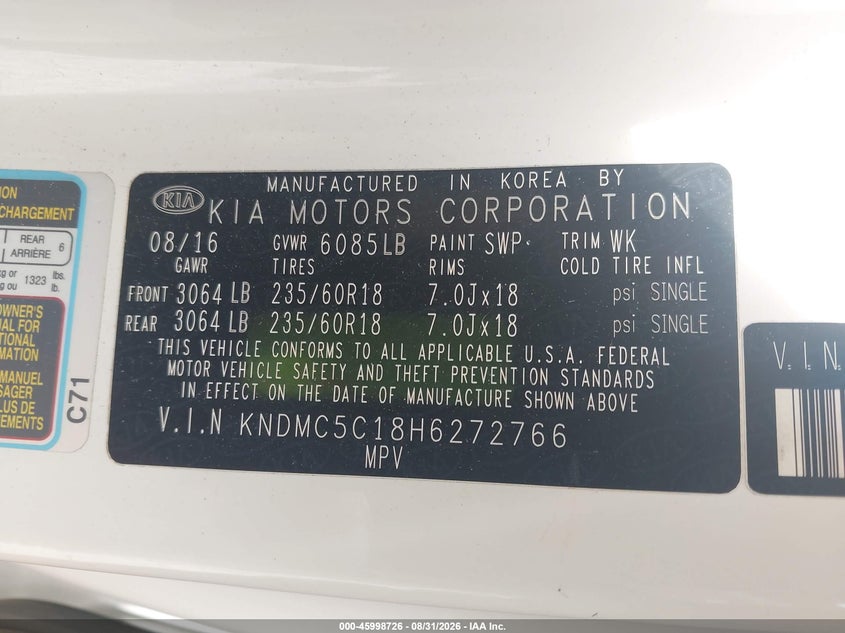KIA SEDONA 2017 VIN KNDMC5C18H6272766