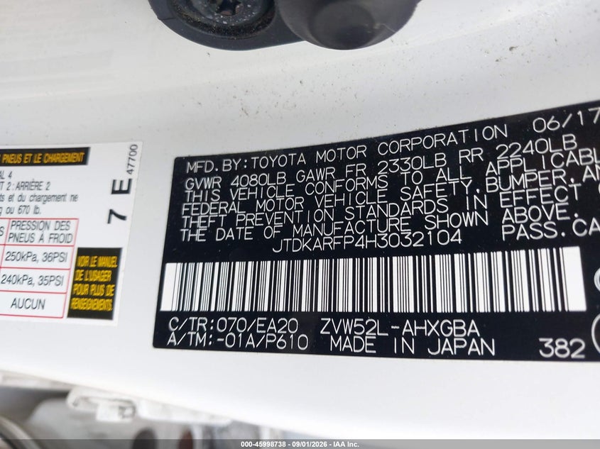 TOYOTA PRIUS PRIME 2017 VIN JTDKARFP4H3032104