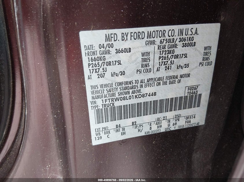2001 FORD F-150 PICKUP 5.4L V-8 REGULAR , 260HP