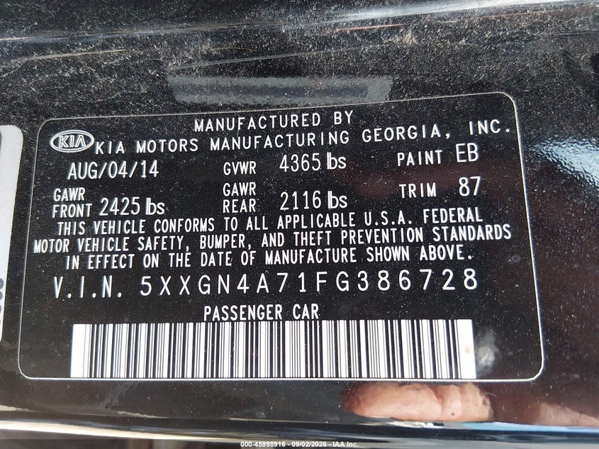 KIA OPTIMA 2015 VIN 5XXGN4A71FG386728