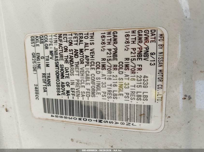 NISSAN ROGUE 2013 VIN JN8AS5MT0DW038884