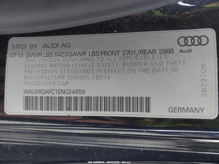 AUDI A7 2014 VIN WAUWGAFC1EN024859