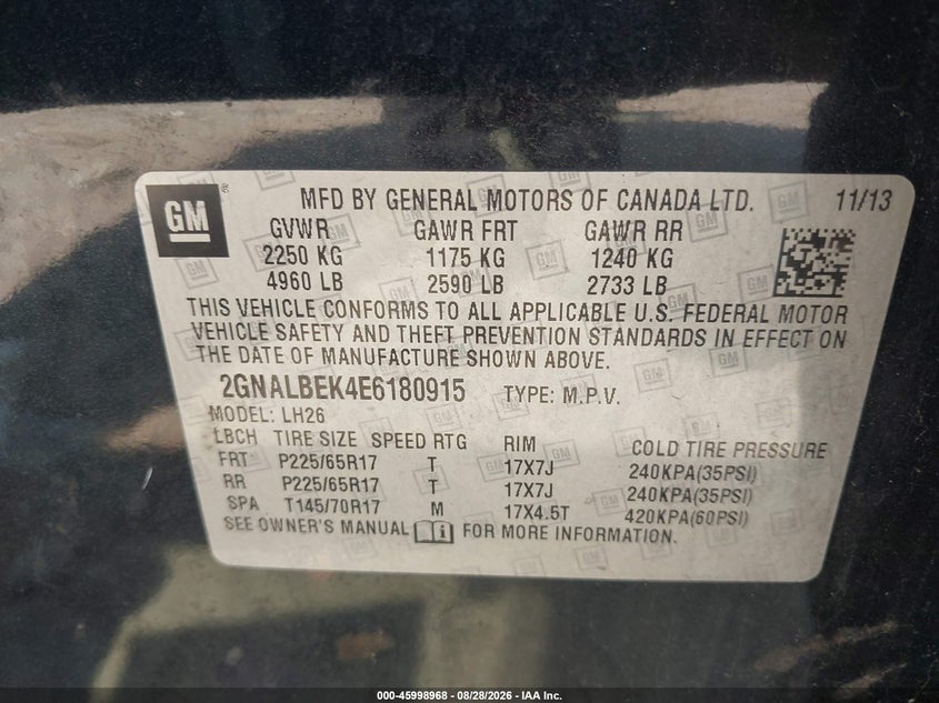 2014 CHEVROLET EQUINOX SPORT UTILITY VEHICLE 2.4L I-4 DI, DOHC, VVT, REGULAR , 182HP