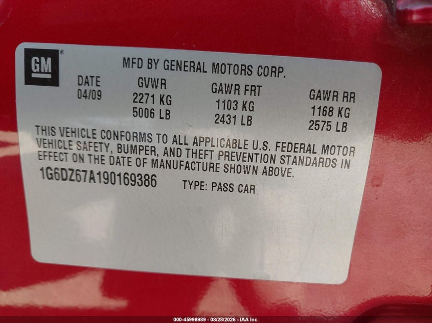 CADILLAC STS 2009 VIN 1G6DZ67A190169386