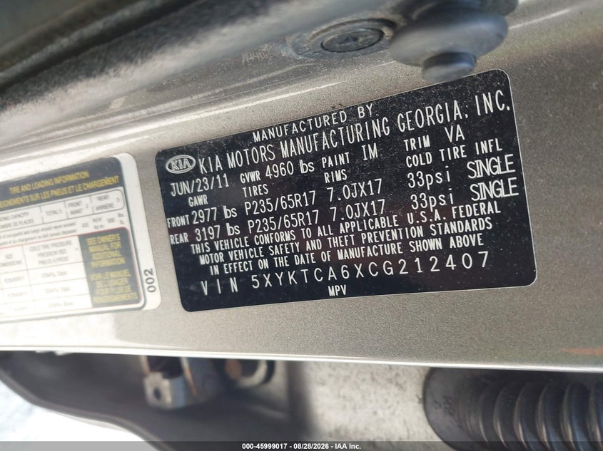 KIA SORENTO 2012 VIN 5XYKTCA6XCG212407