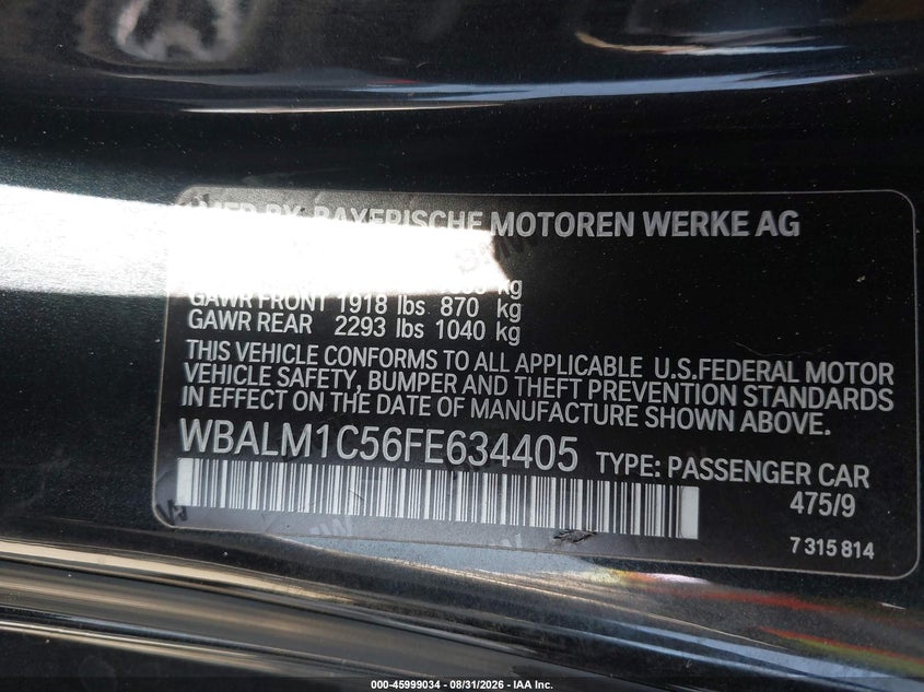 BMW Z4 2015 VIN WBALM1C56FE634405