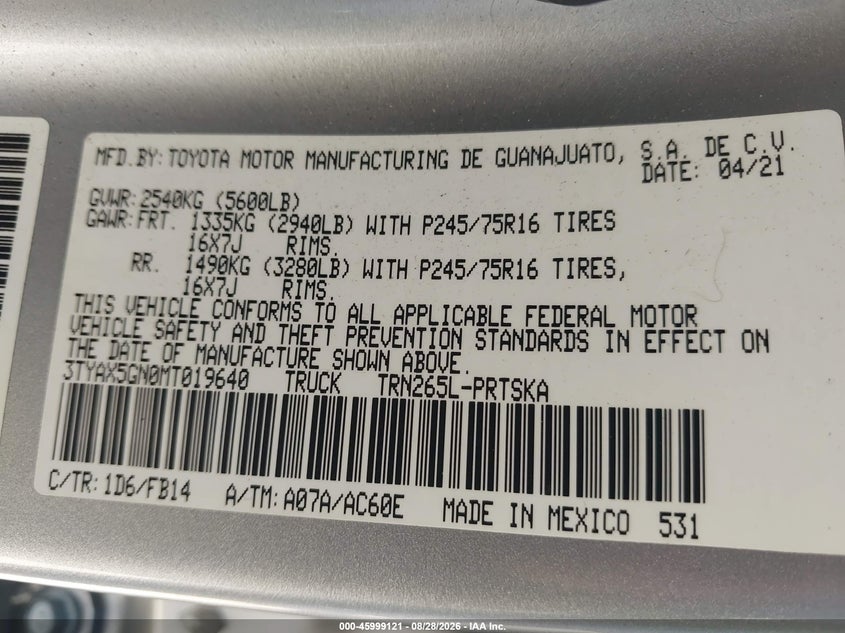 TOYOTA TACOMA 2021 VIN 3TYAX5GN0MT019640