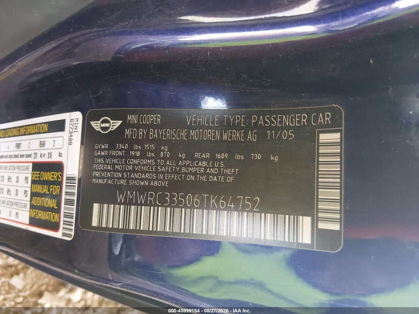 MINI COOPER 2006 VIN WMWRC33506TK64752