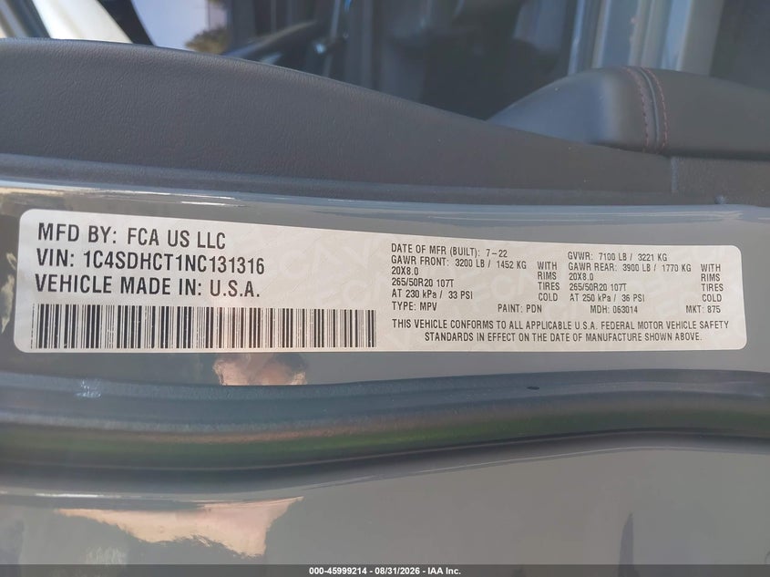 DODGE DURANGO 2022 VIN 1C4SDHCT1NC131316