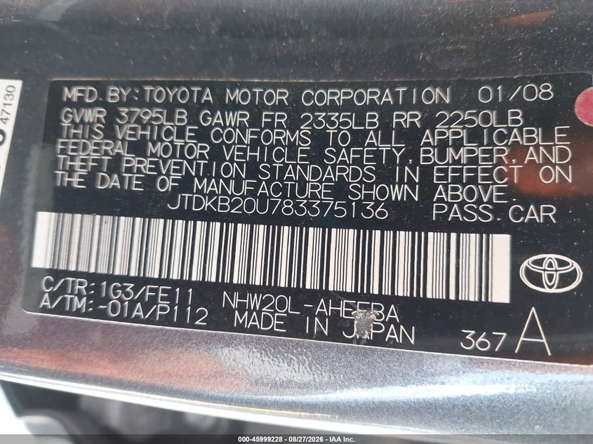 TOYOTA PRIUS 2008 VIN JTDKB20U783375136