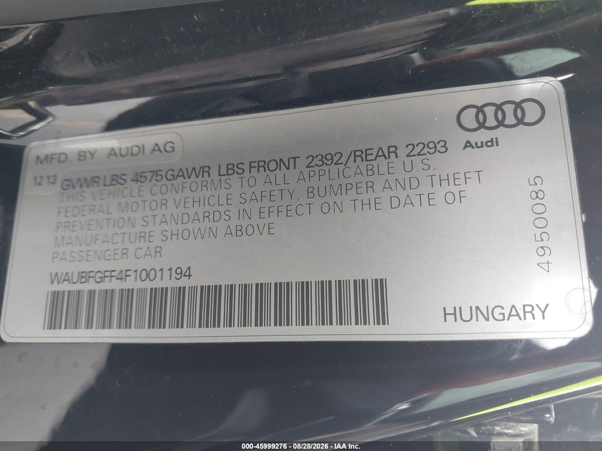 2015 AUDI A3 SEDAN 2.0L I-4 DI, DOHC, VVT, TURBO, PREMIUM , 220HP