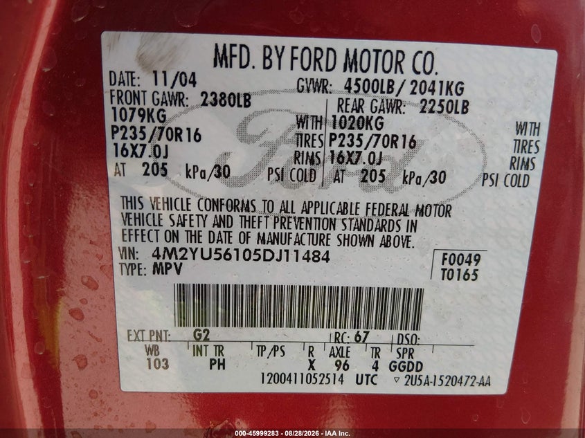 MERCURY MARINER 2005 VIN 4M2YU56105DJ11484