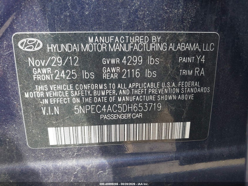 2013 HYUNDAI SONATA SEDAN 2.4L I-4 DI, DOHC, VVT, REGULAR , 190HP