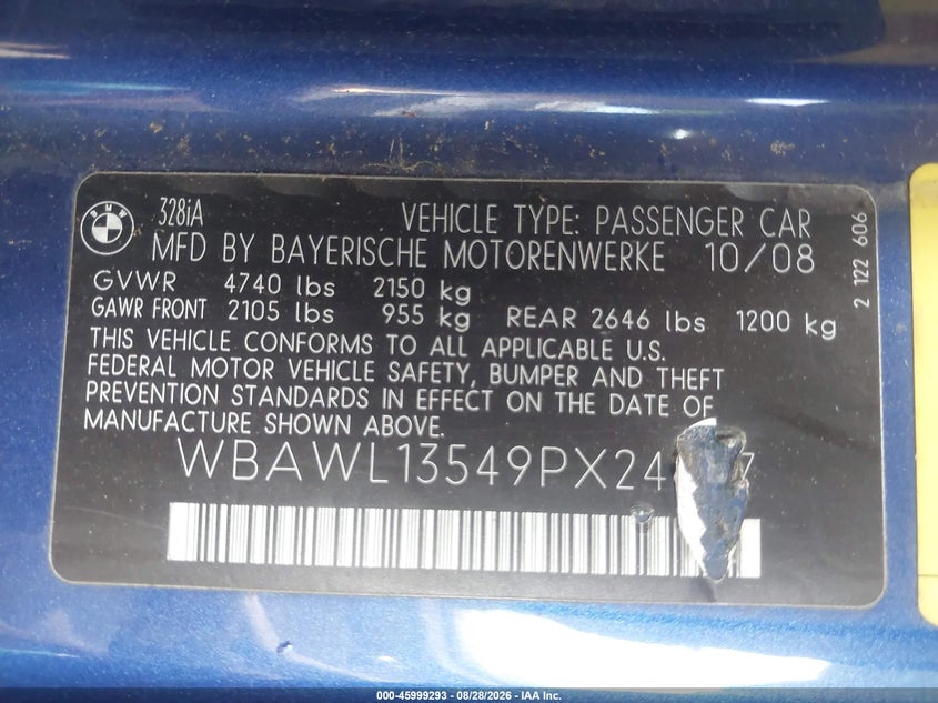 BMW 328I 2009 VIN WBAWL13549PX24077