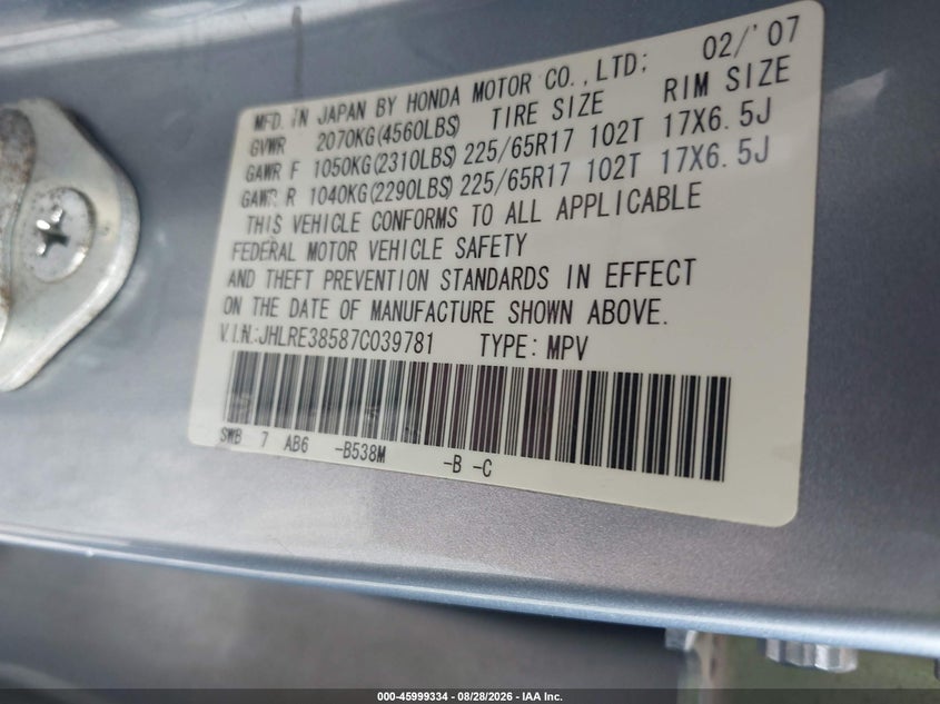 HONDA CR-V 2007 VIN JHLRE38587C039781