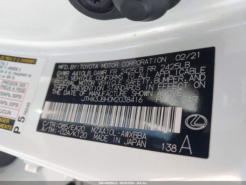 LEXUS UX 200 2021 VIN JTHX3JBH0M2038416