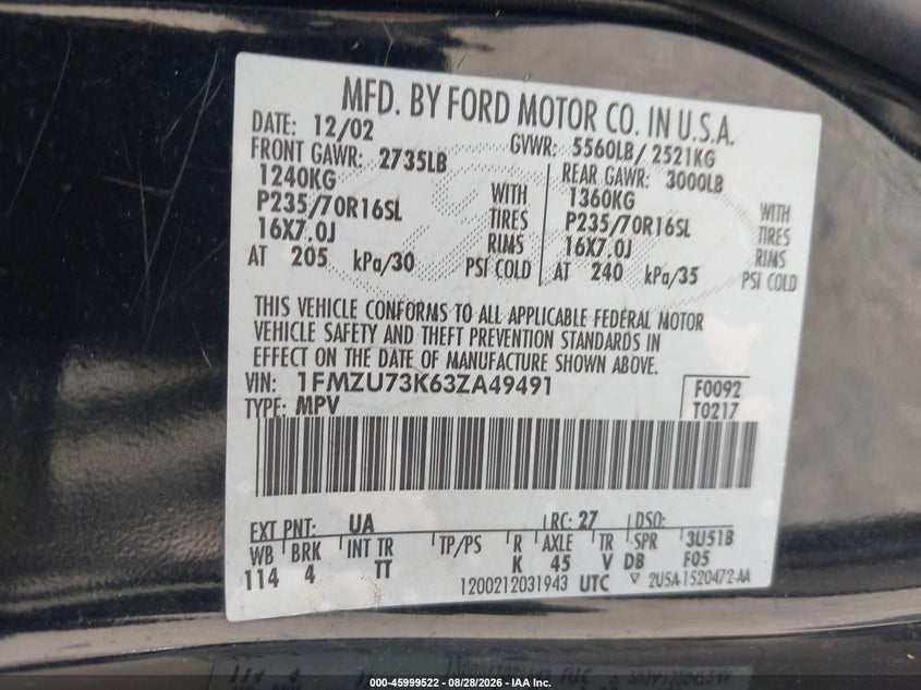 FORD EXPLORER 2003 VIN 1FMZU73K63ZA49491