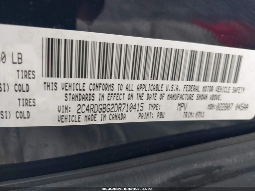 DODGE GRAND CARAVAN 2013 VIN 2C4RDGBG2DR710415