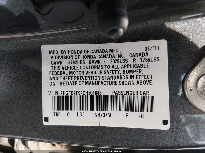 2012 HONDA CIVIC SEDAN 1.8L I-4 VVT, 140HP
