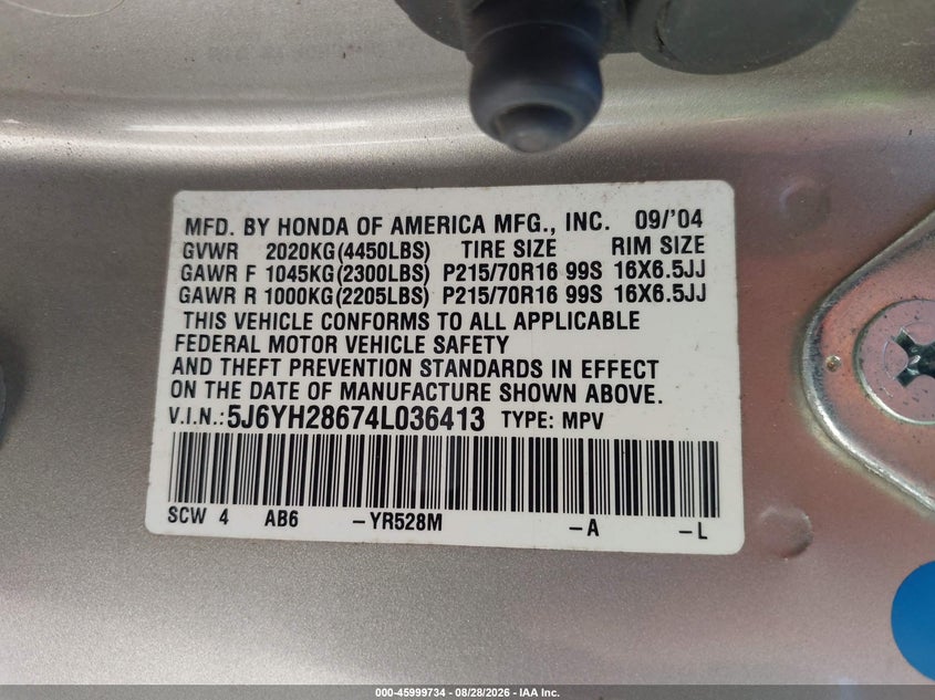 HONDA ELEMENT 2004 VIN 5J6YH28674L036413